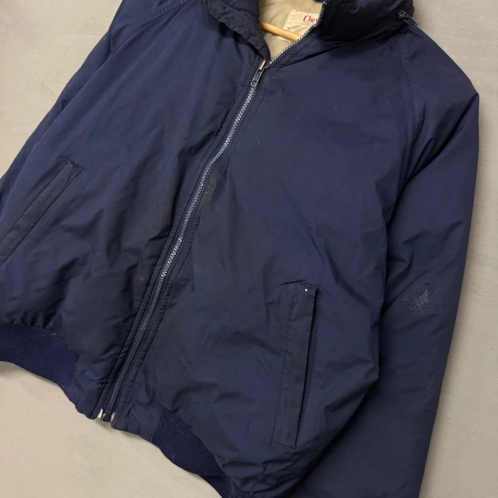 Vintage 80s Orvis Bomber Puff‎ Jacket Blue Full Zip Packable Hood Mens Medium
